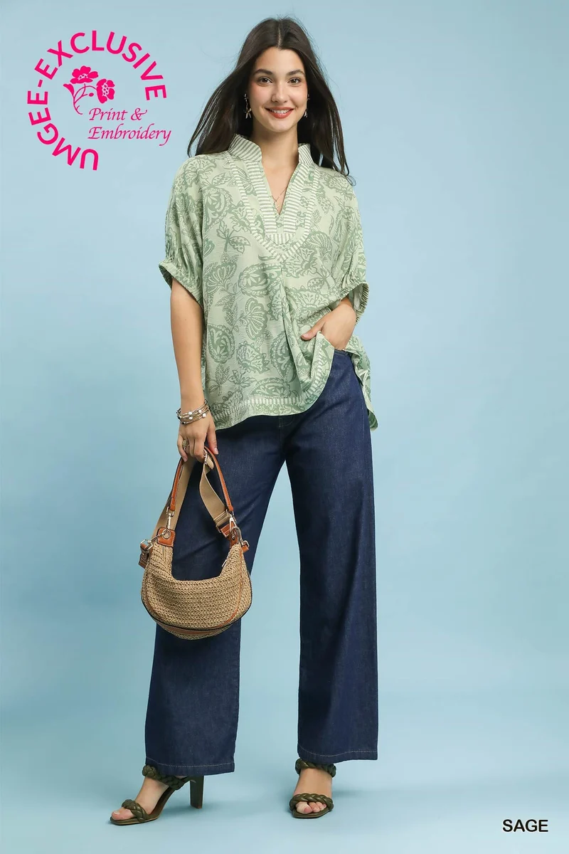 Sage Botanical Print Top