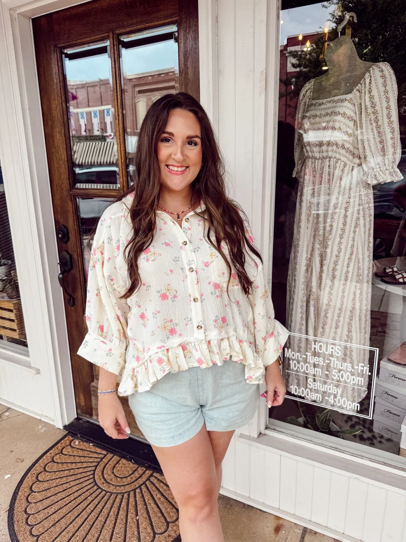 Floral Button Up Top With Ruffle Him