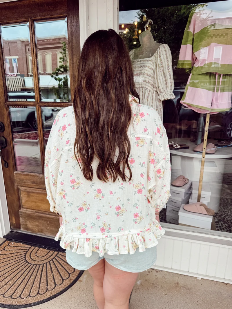 Floral Button Up Top With Ruffle Him