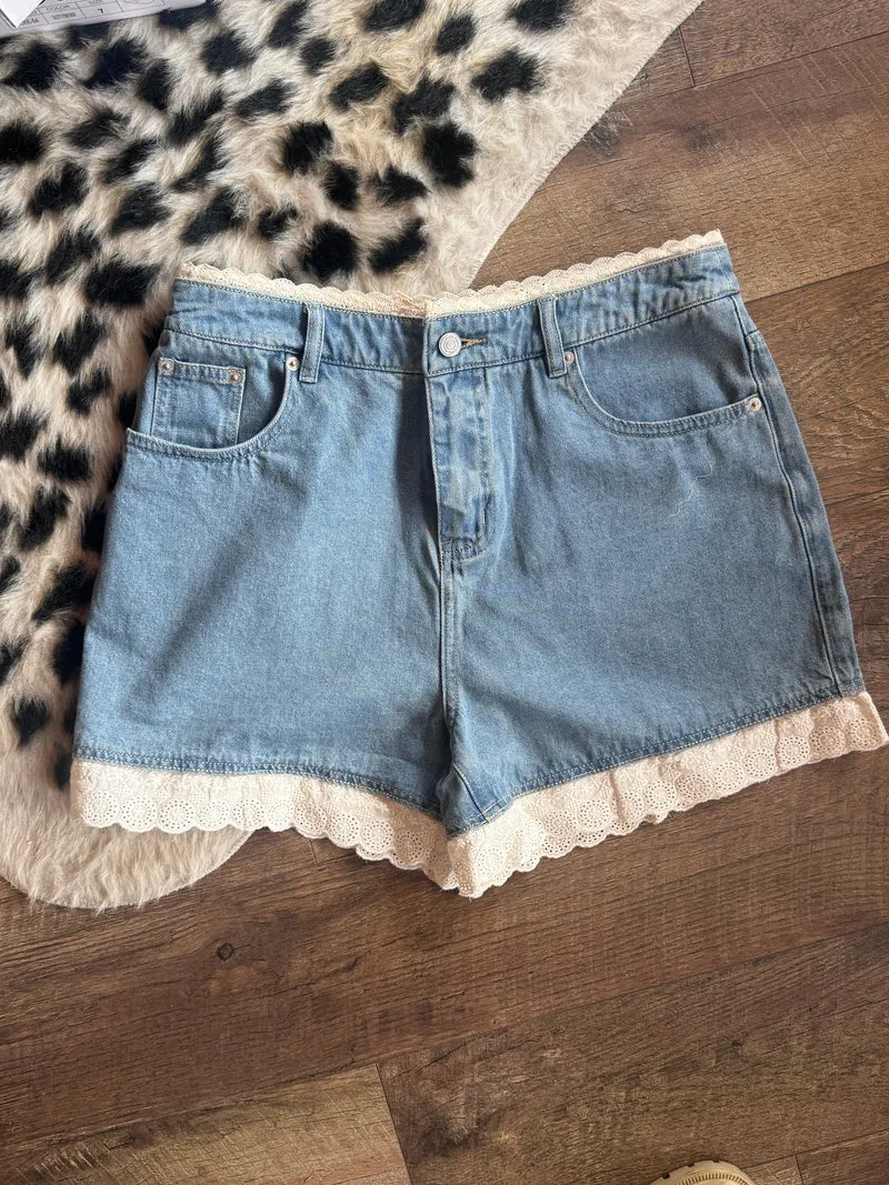 Lace Trim Denim Shorts
