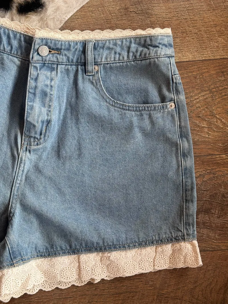 Lace Trim Denim Shorts