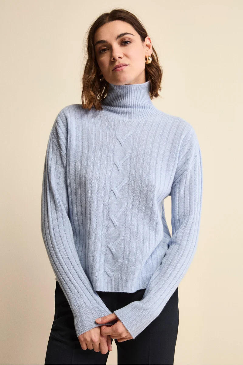 Dolcevita in Lana e Cashmere con Treccia - AZZURRO