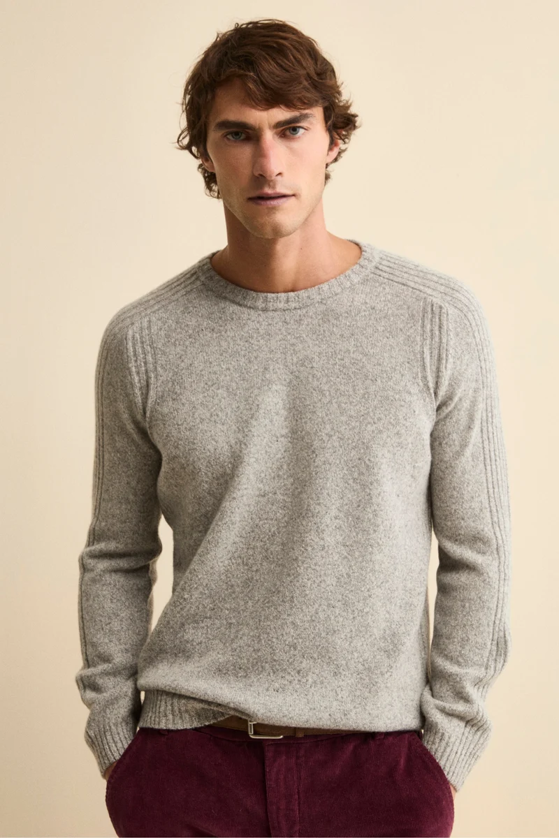 Girocollo Raglan con Motivo a Coste in Misto Lana Vergine - GRIGIO