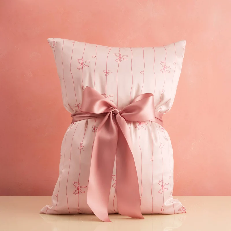 Holiday Satin Pillowcase in Striped Bows