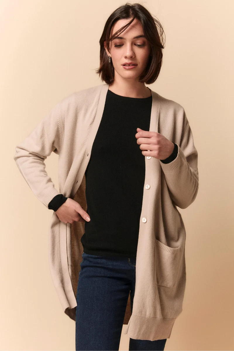 Cardigan Lungo con Tasche in Lana e Cashmere - STUCCO