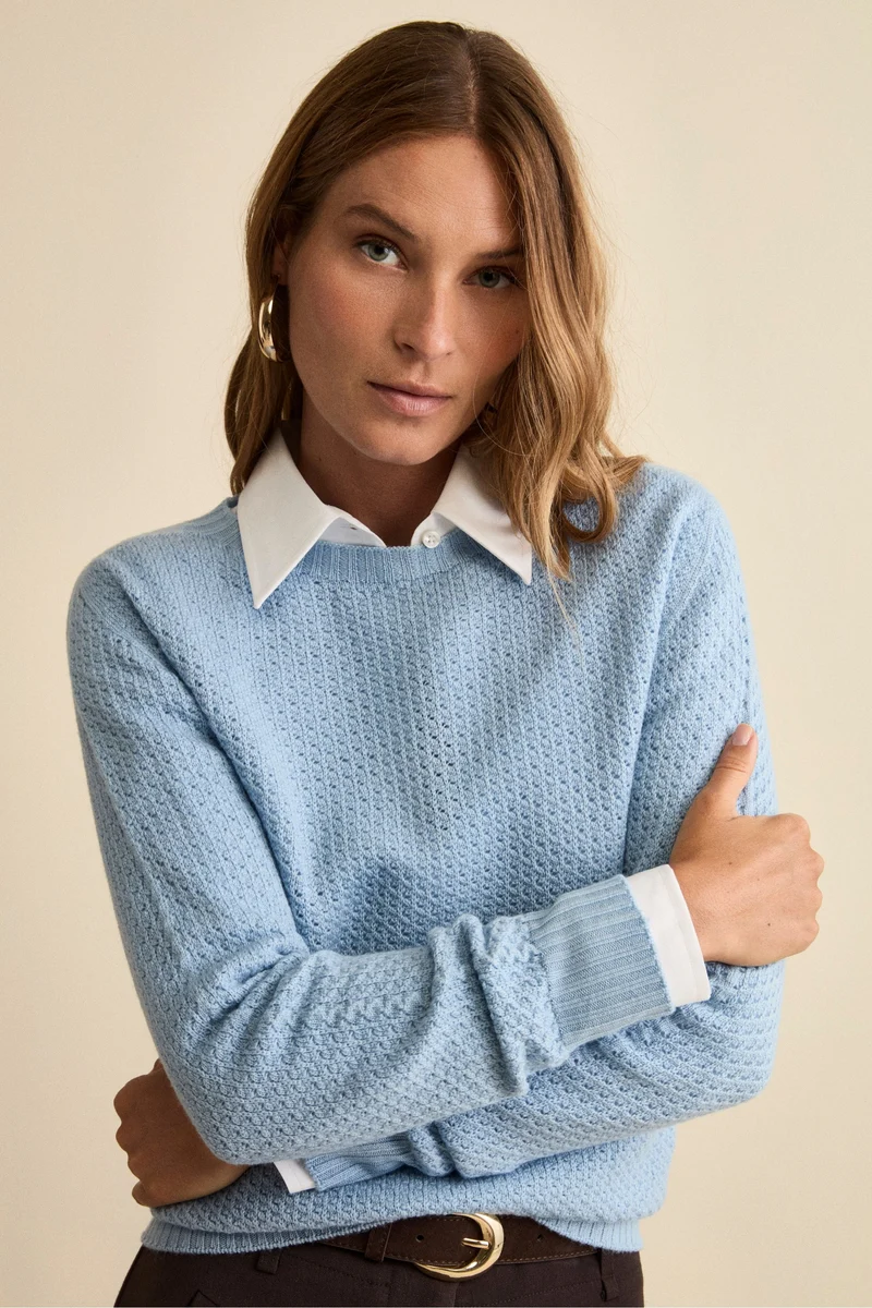 Maglia Girocollo Traforata in Lana Merino - AZZURRO