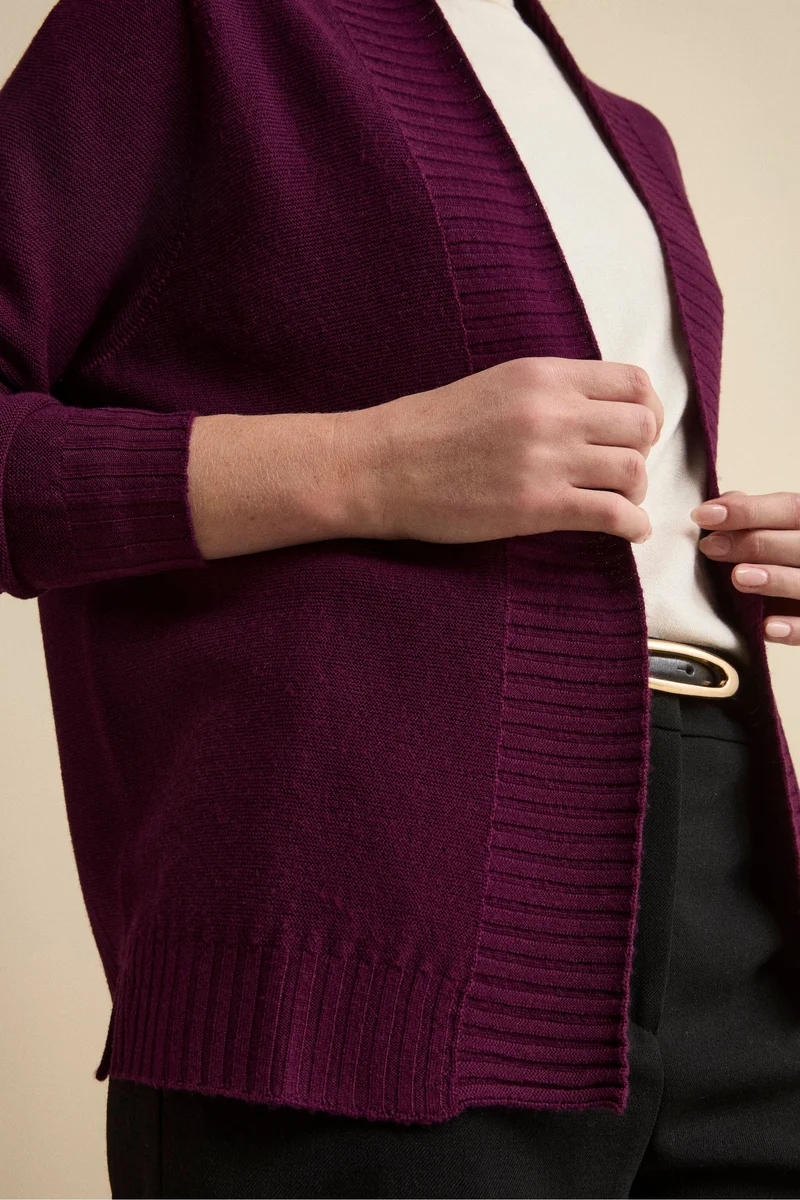 Cardigan Lungo con Collo a Scialle in Lana - PRUGNA