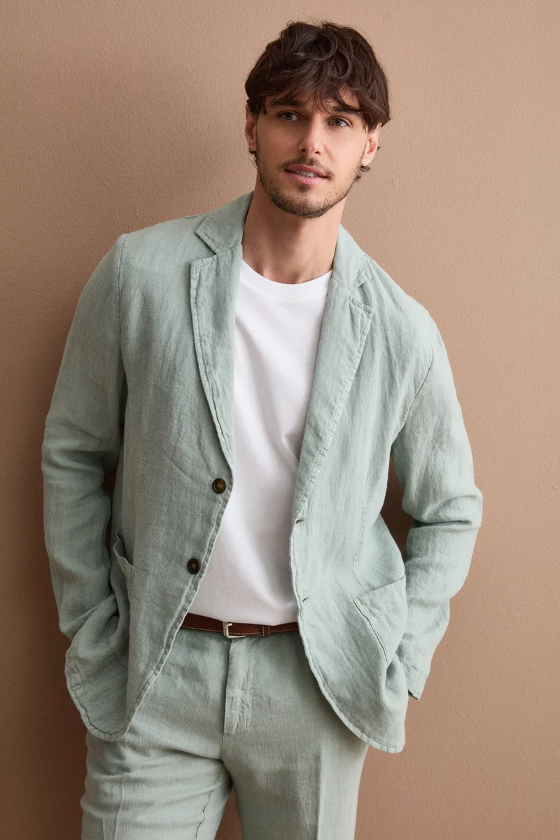 Giacca Regular Fit Sfoderata in Lino - VERDE