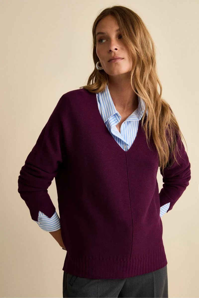 Maglia Over Scollo a V in Lana Merino - PRUGNA