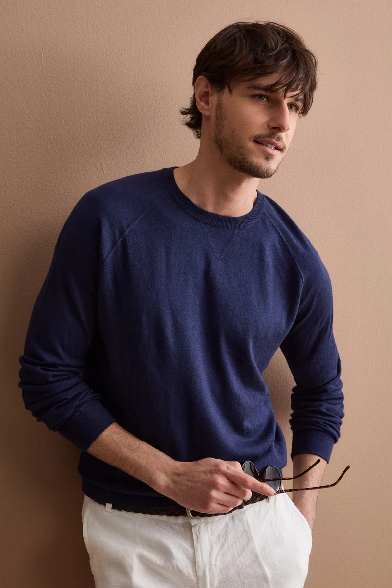 Girocollo Felpa in Seta e Cashmere - NAVY