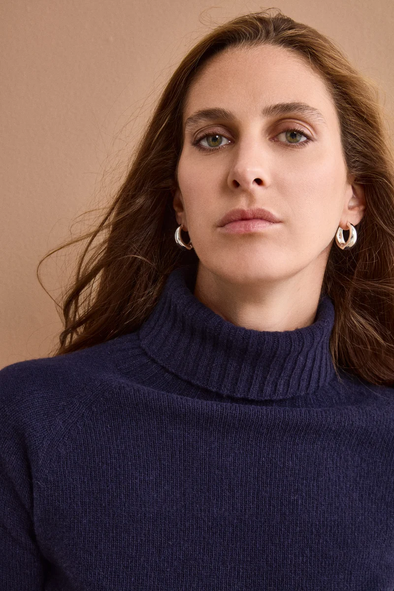 Dolcevita Raglan in Lana e Cashmere con Collo a Coste - BLU