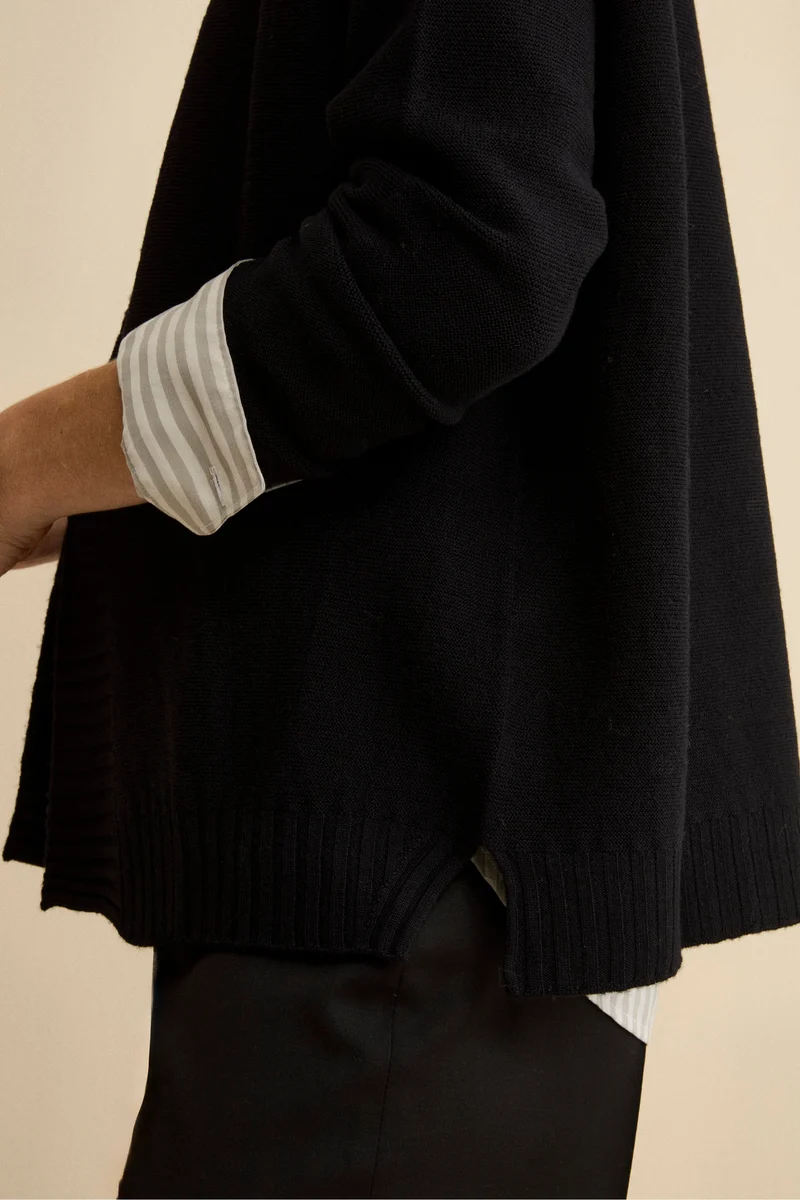Cardigan Lungo con Collo a Scialle in Lana - NERO