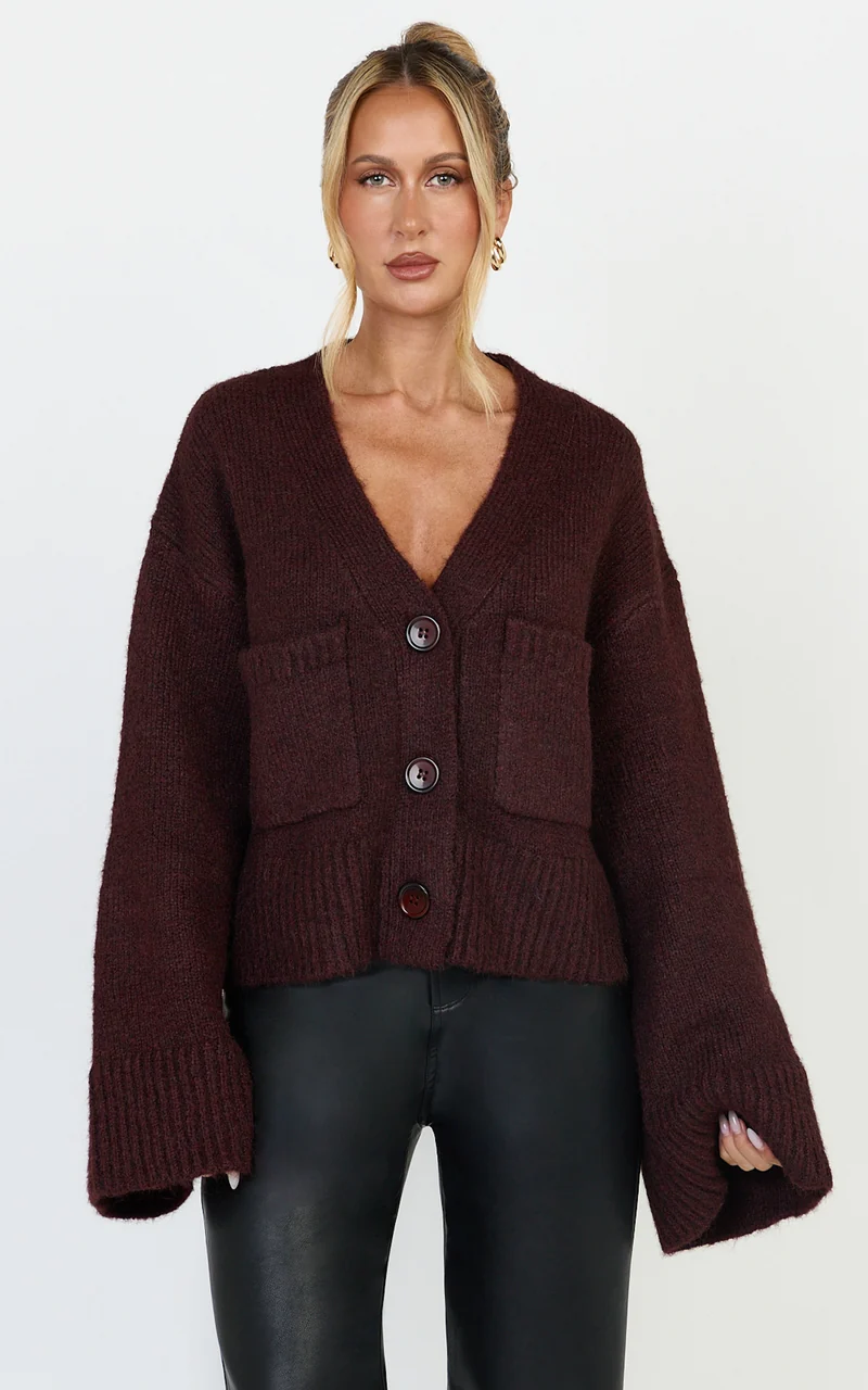 Becka Cardigan - Oversized Recycled Knitted Button Through Cardigan in Wine