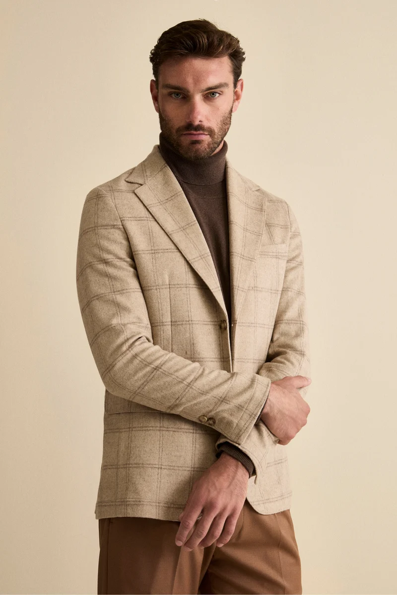 Giacca Check Destrutturata in Misto Lana - BEIGE