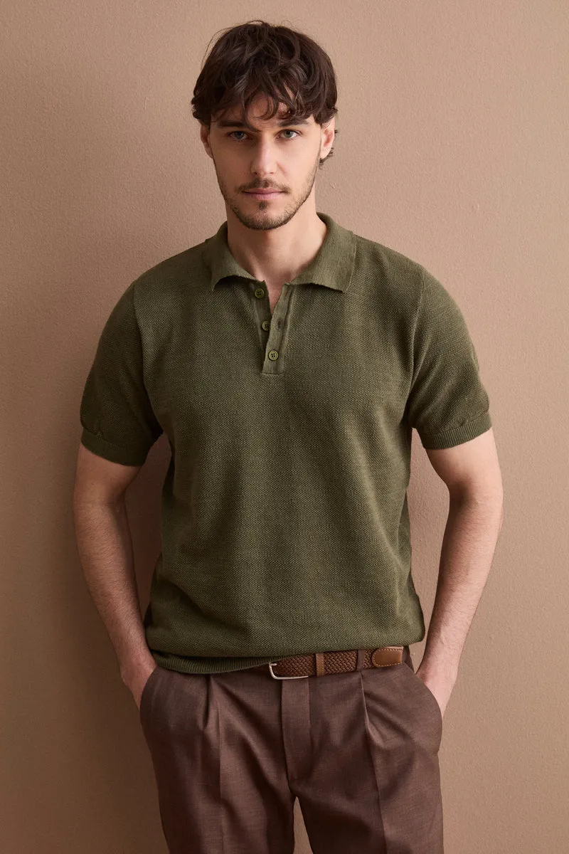 Polo Piquet Mezza Manica in Misto Lino - VERDE