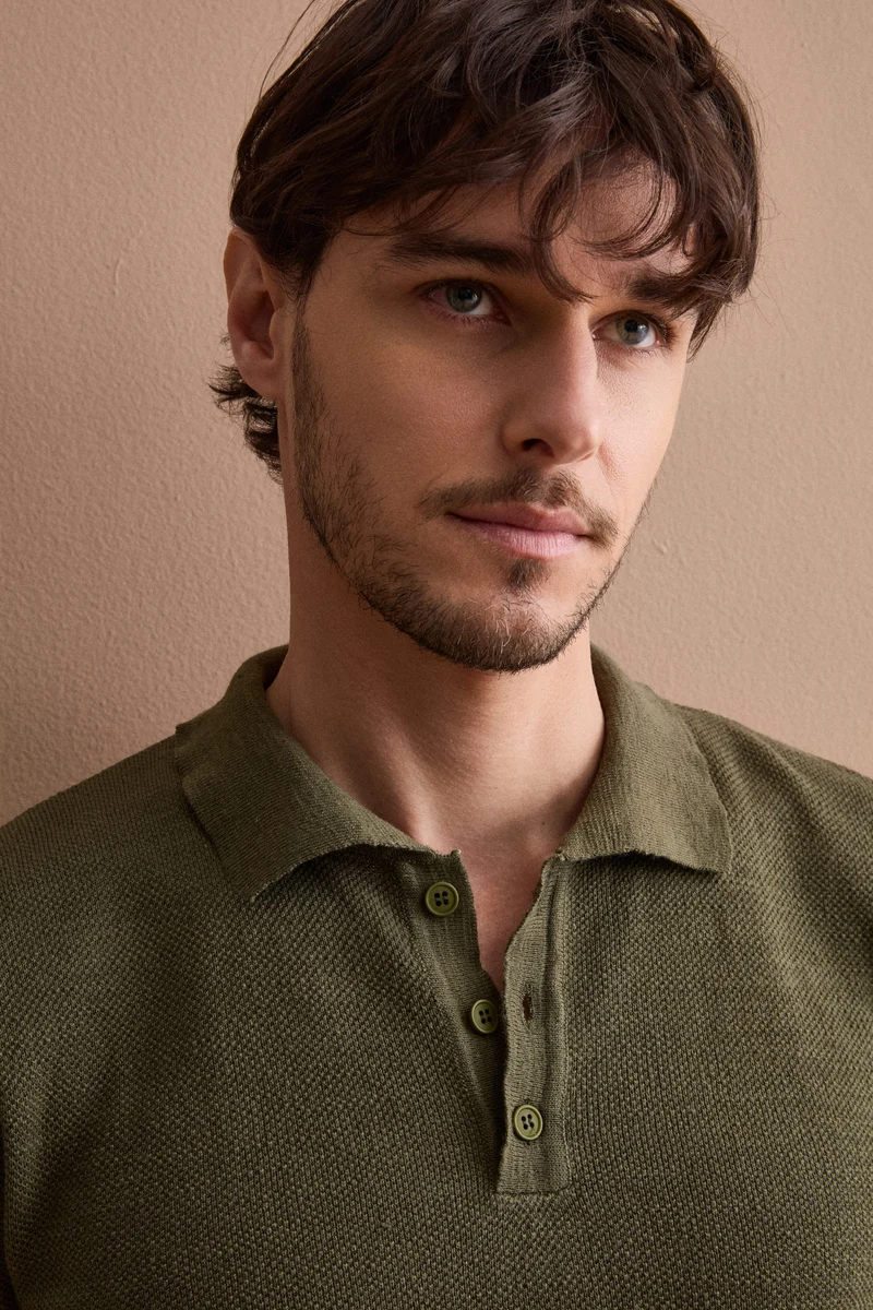 Polo Piquet Mezza Manica in Misto Lino - VERDE