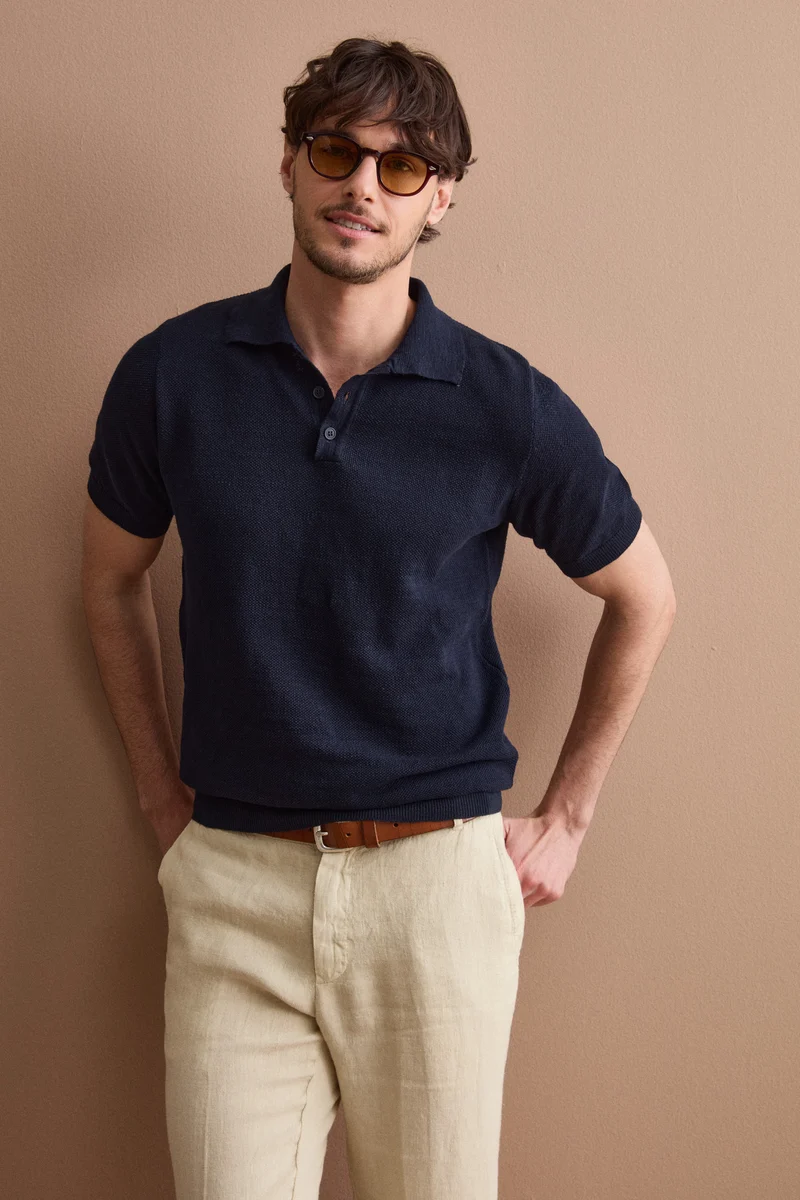 Polo Piquet Mezza Manica in Misto Lino - BLU