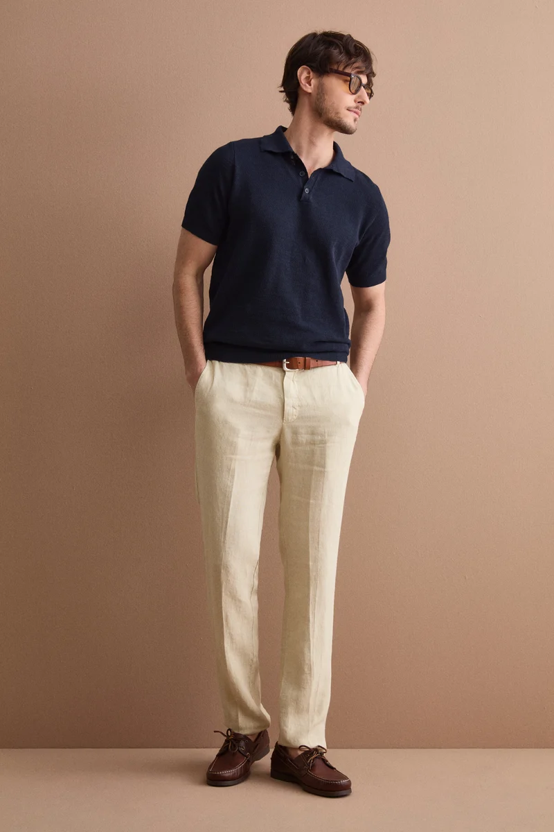 Polo Piquet Mezza Manica in Misto Lino - BLU