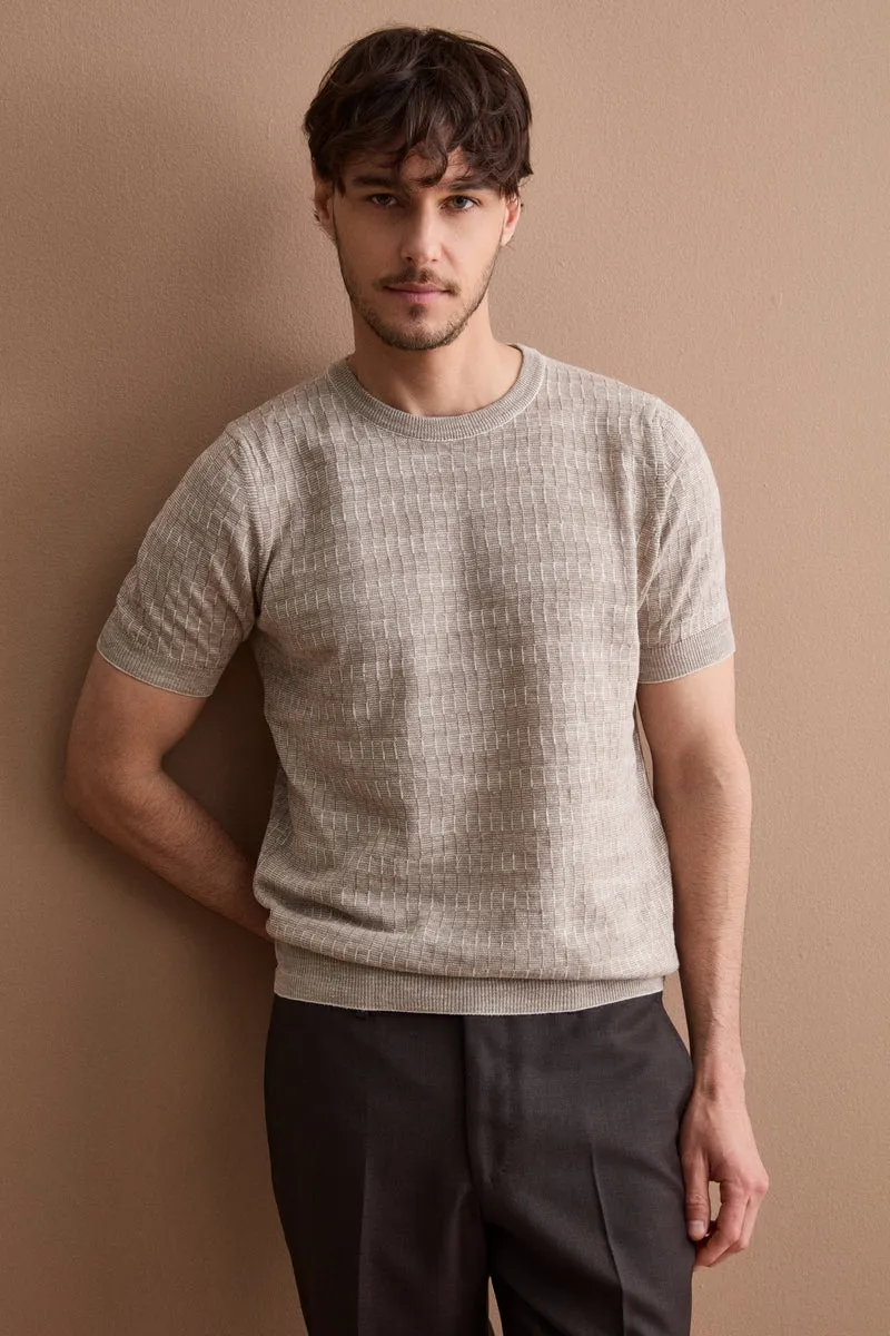 T-shirt in Misto Cotone e Lino Lavorata - BEIGE/PANNA
