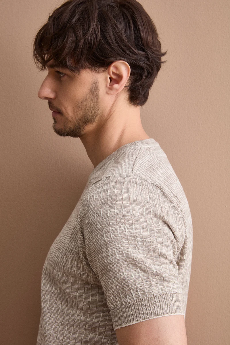 T-shirt in Misto Cotone e Lino Lavorata - BEIGE/PANNA