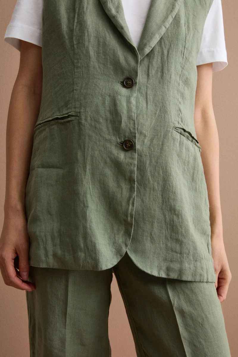 Gilet Sfoderato in Lino con Revers Classico - VERDE MILITARE