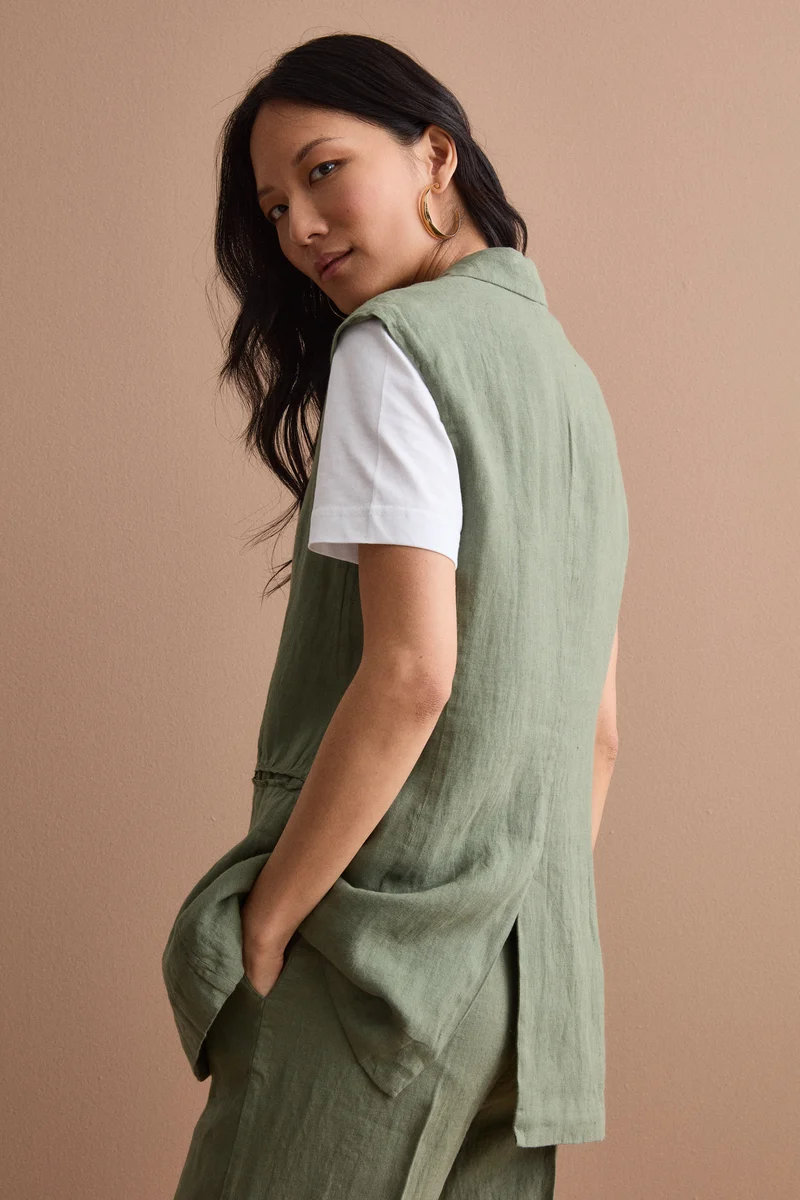 Gilet Sfoderato in Lino con Revers Classico - VERDE MILITARE