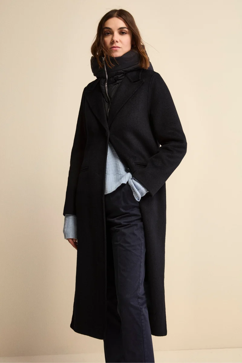Cappotto Lungo in Misto Lana con Pettorina e Cappuccio - BLU
