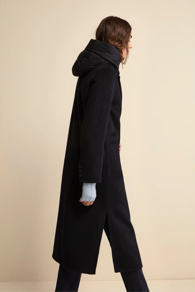 Cappotto Lungo in Misto Lana con Pettorina e Cappuccio - BLU