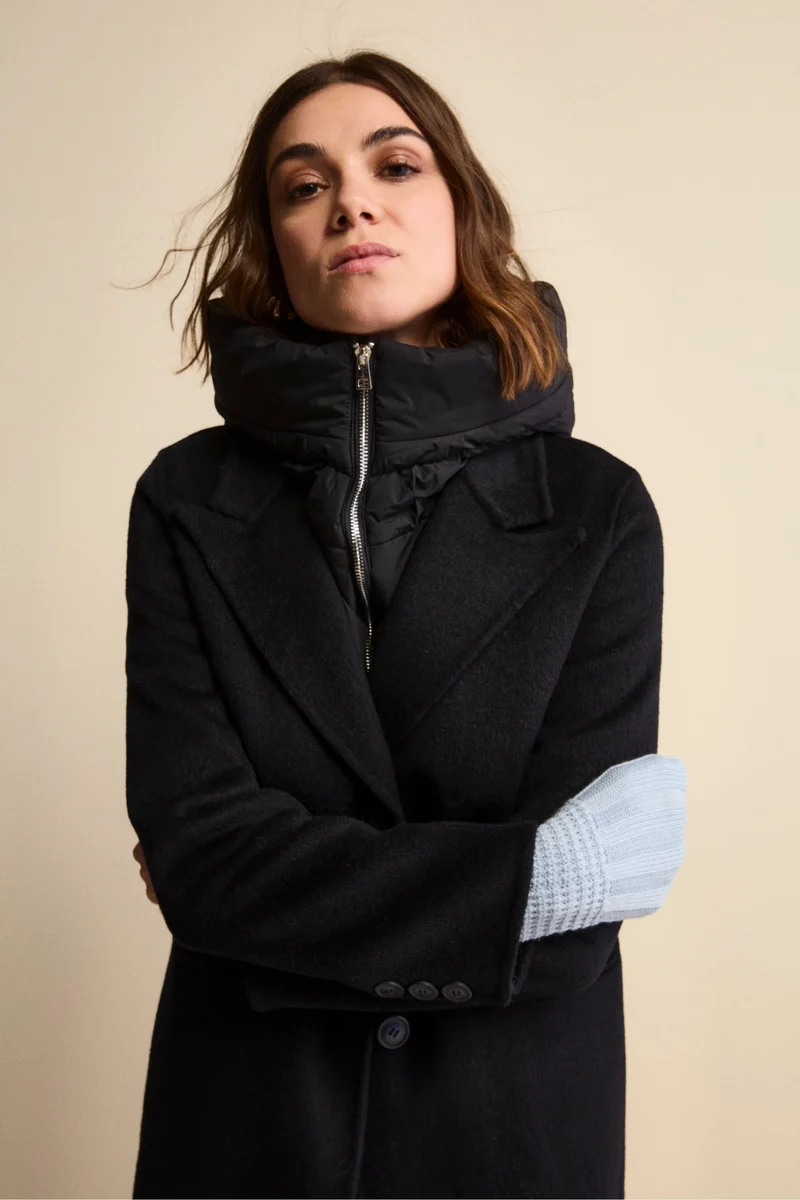 Cappotto Lungo in Misto Lana con Pettorina e Cappuccio - BLU