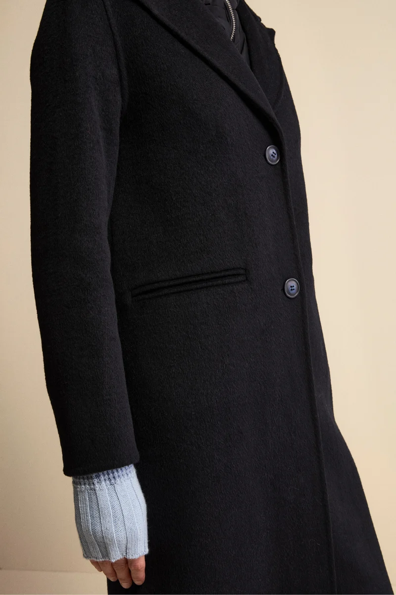 Cappotto Lungo in Misto Lana con Pettorina e Cappuccio - BLU