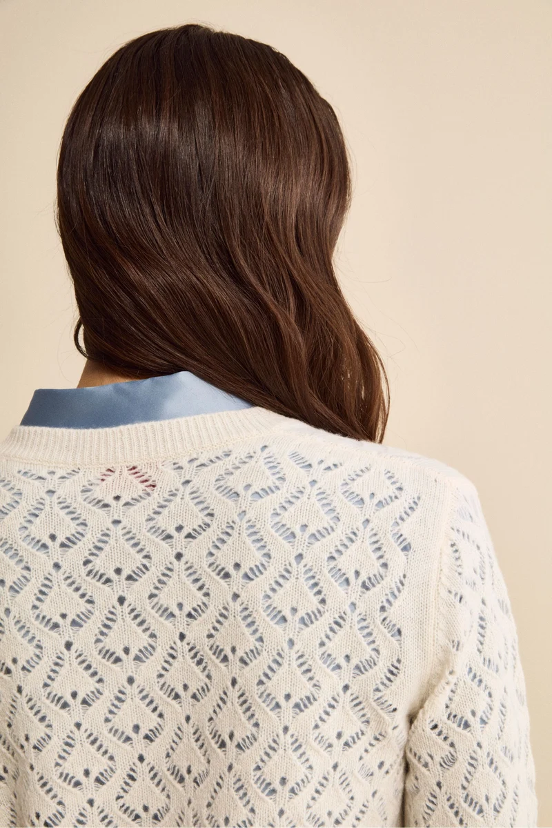 Cardigan Scollo a V Traforato in Lana e Cashmere - LATTE