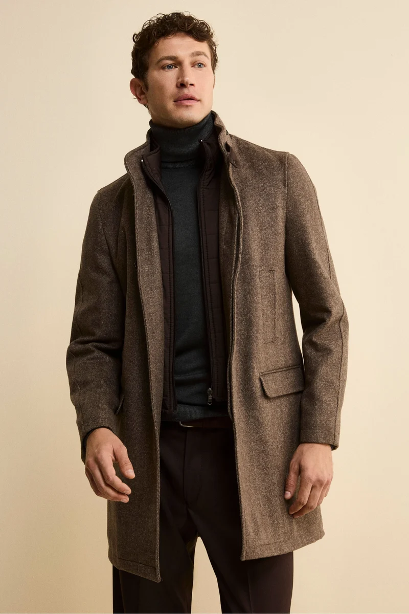 Cappotto Midi Spigato in Misto Lana e Cashmere - MARRONE MELANGE