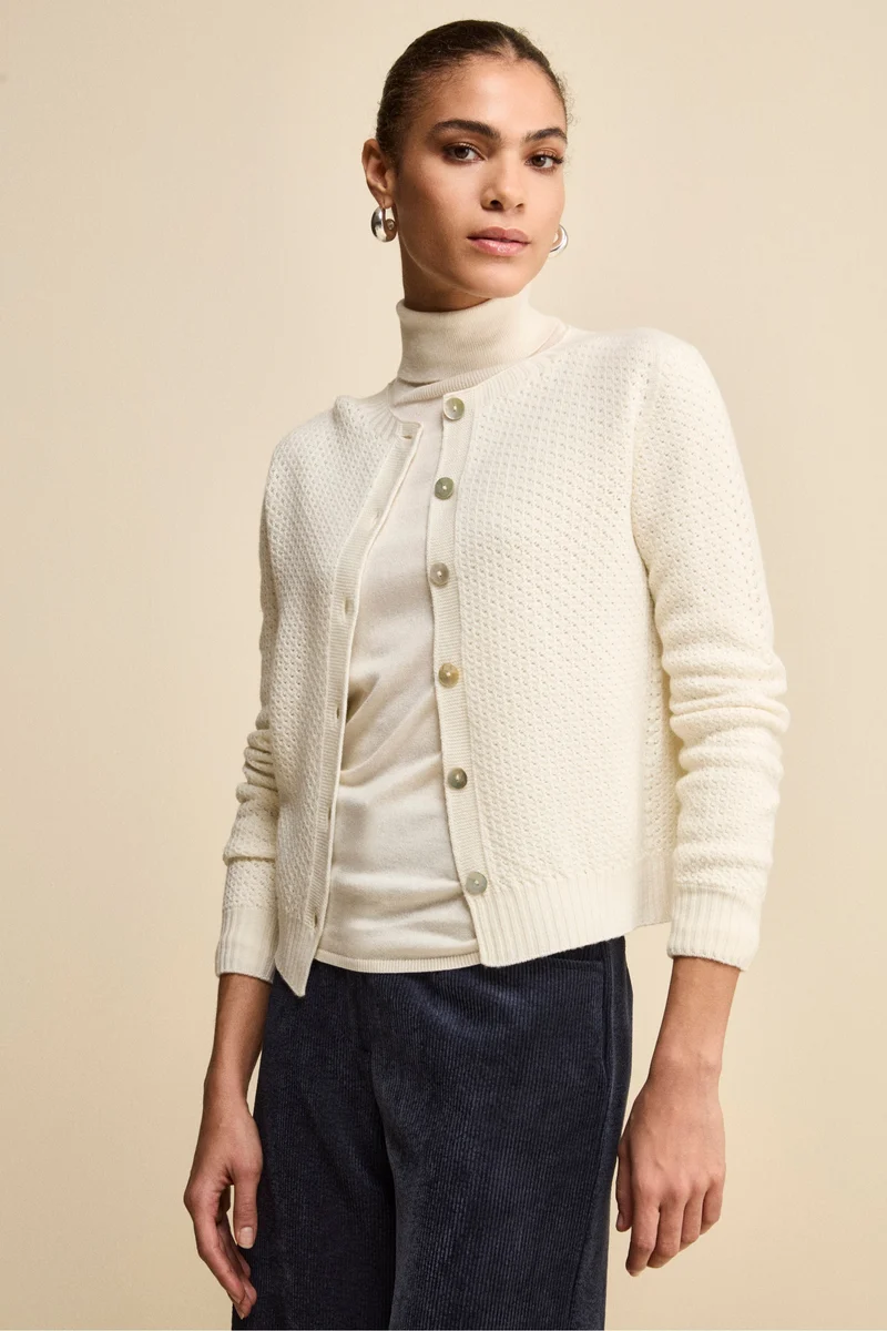 Cardigan in Lana Merino Traforato con Collo Coreana - ECRU