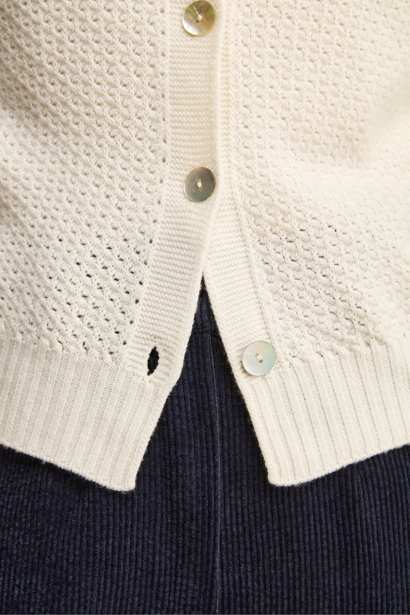 Cardigan in Lana Merino Traforato con Collo Coreana - ECRU