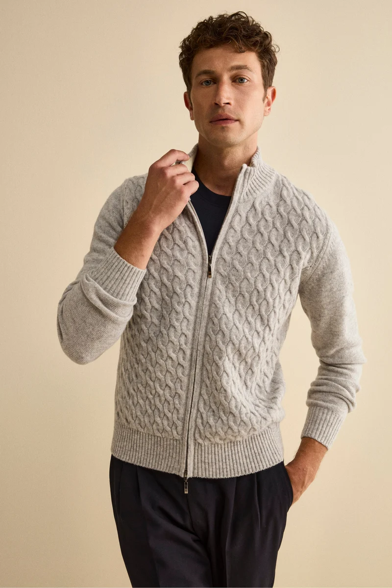Bomber Lupetto a Trecce in Lana - GRIGIO MELANGE