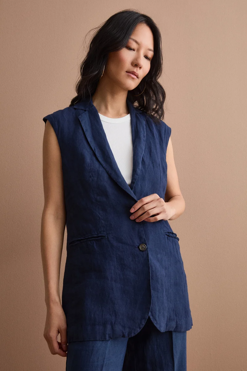 Gilet Sfoderato in Lino con Revers Classico - NAVY