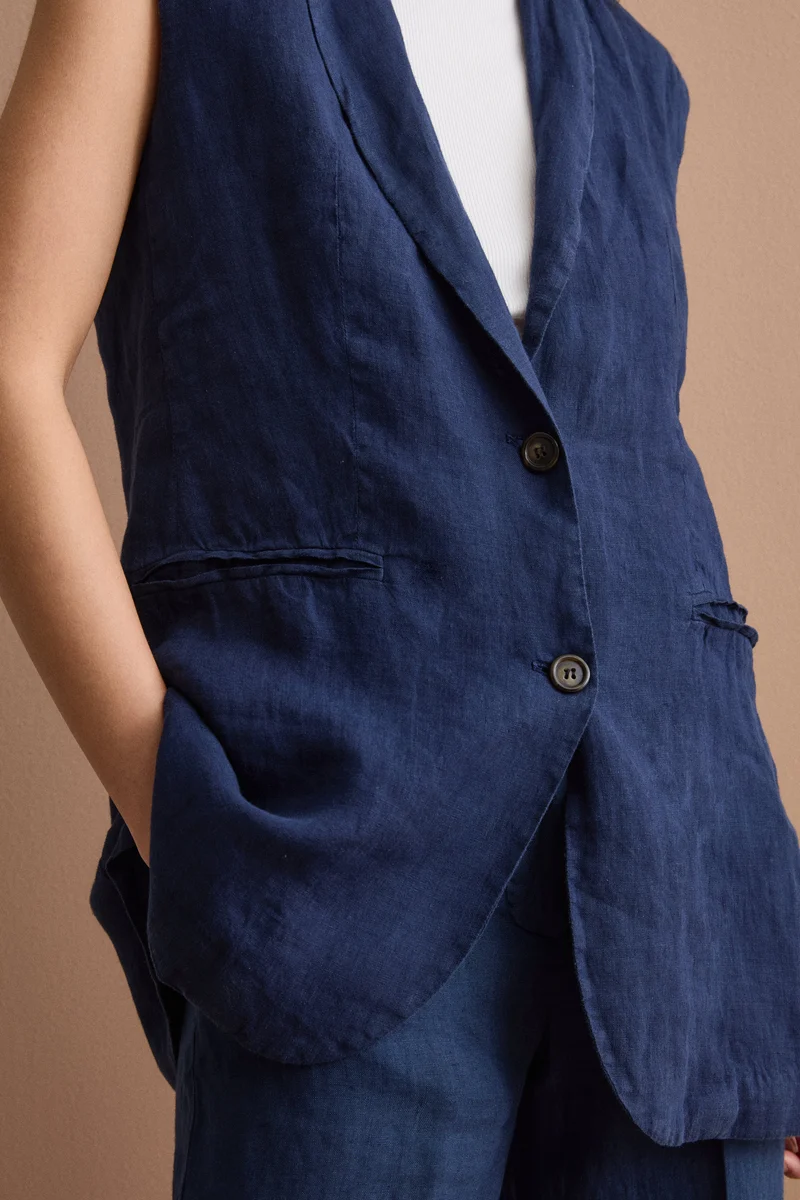 Gilet Sfoderato in Lino con Revers Classico - NAVY