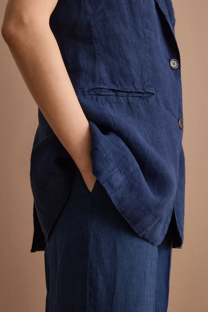 Gilet Sfoderato in Lino con Revers Classico - NAVY