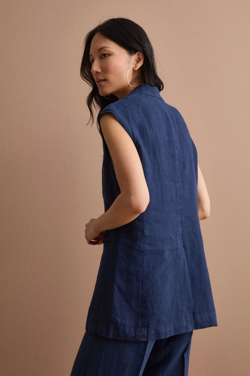 Gilet Sfoderato in Lino con Revers Classico - NAVY
