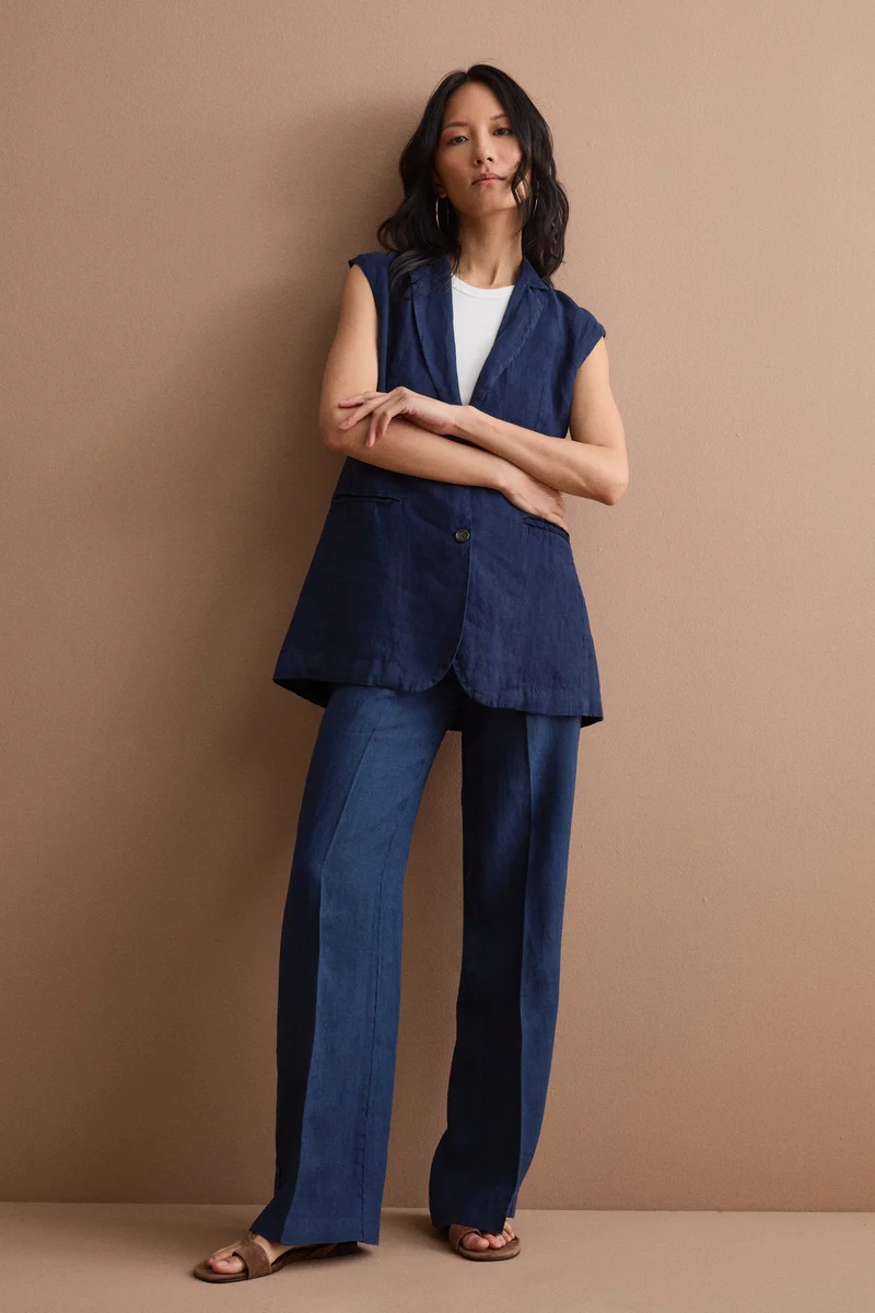 Gilet Sfoderato in Lino con Revers Classico - NAVY