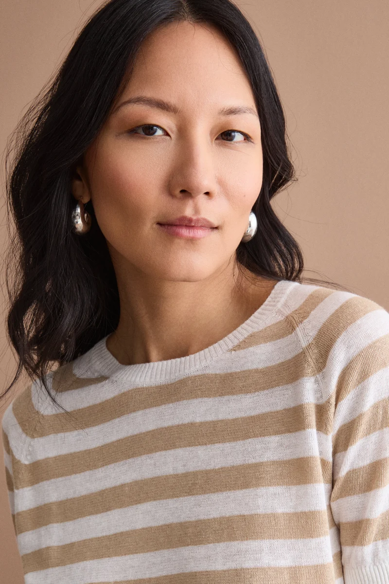 T-Shirt Cropped a Righe in Lino e Cotone - BIANCO/BEIGE