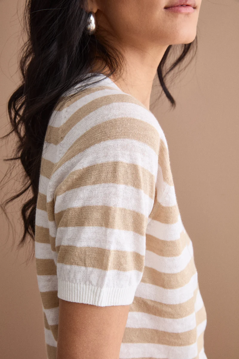 T-Shirt Cropped a Righe in Lino e Cotone - BIANCO/BEIGE