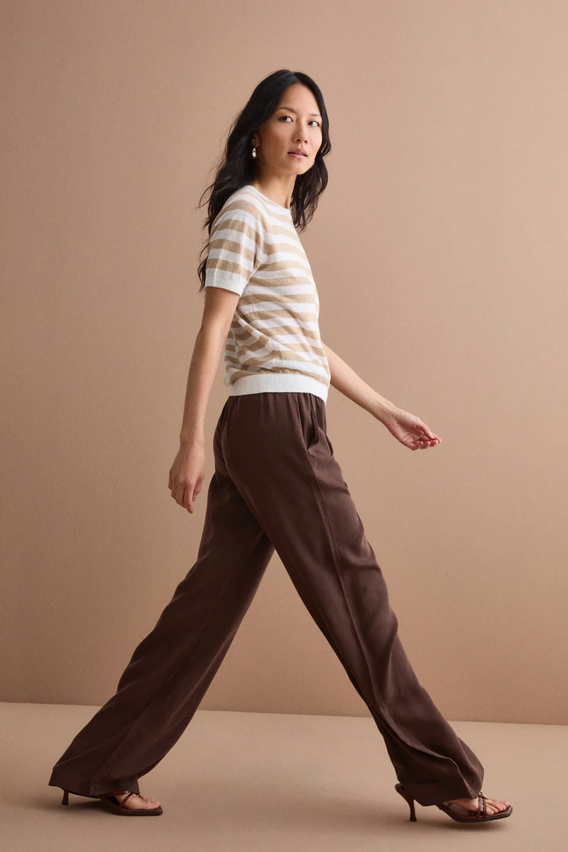 T-Shirt Cropped a Righe in Lino e Cotone - BIANCO/BEIGE