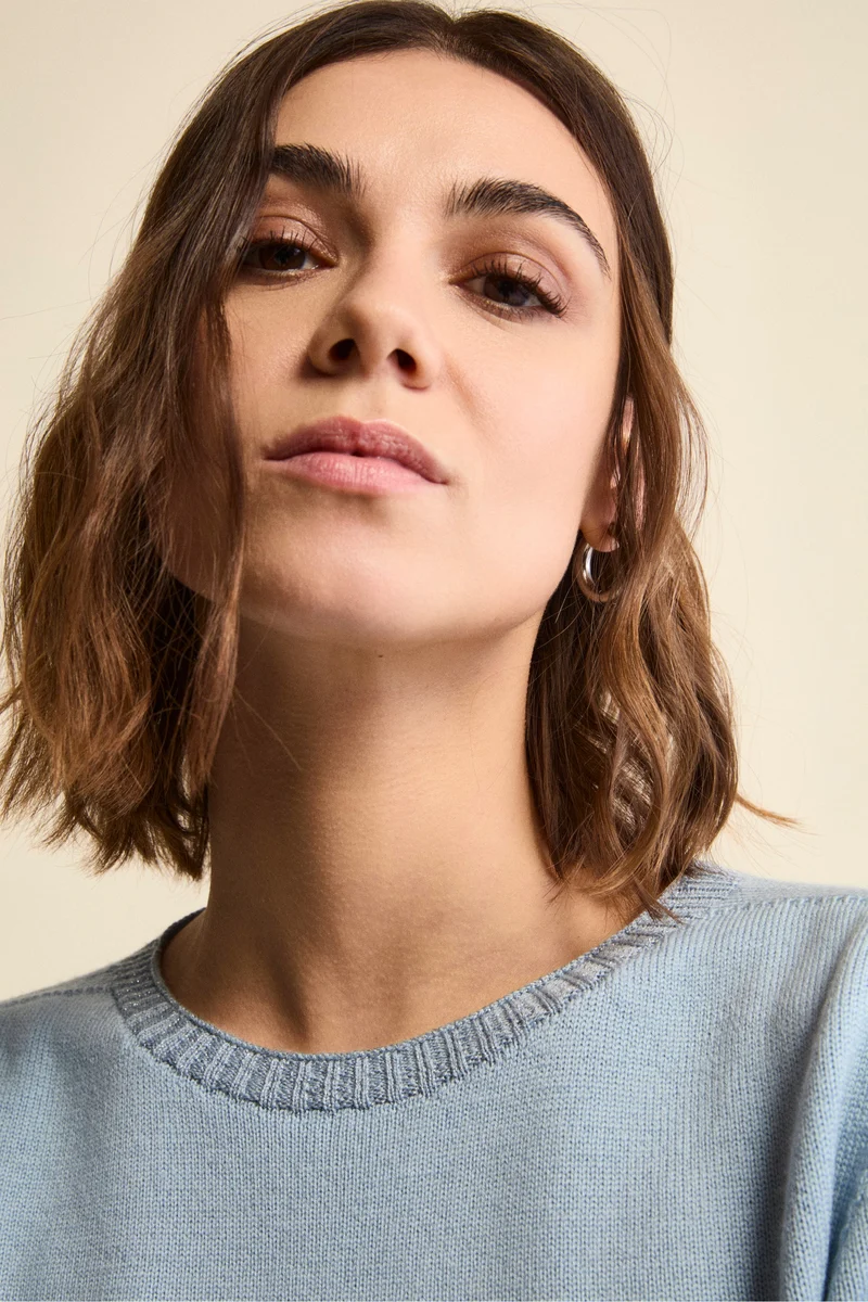 Maglia Girocollo in Lana Merino con Dettagli in Lurex - AZZURRO