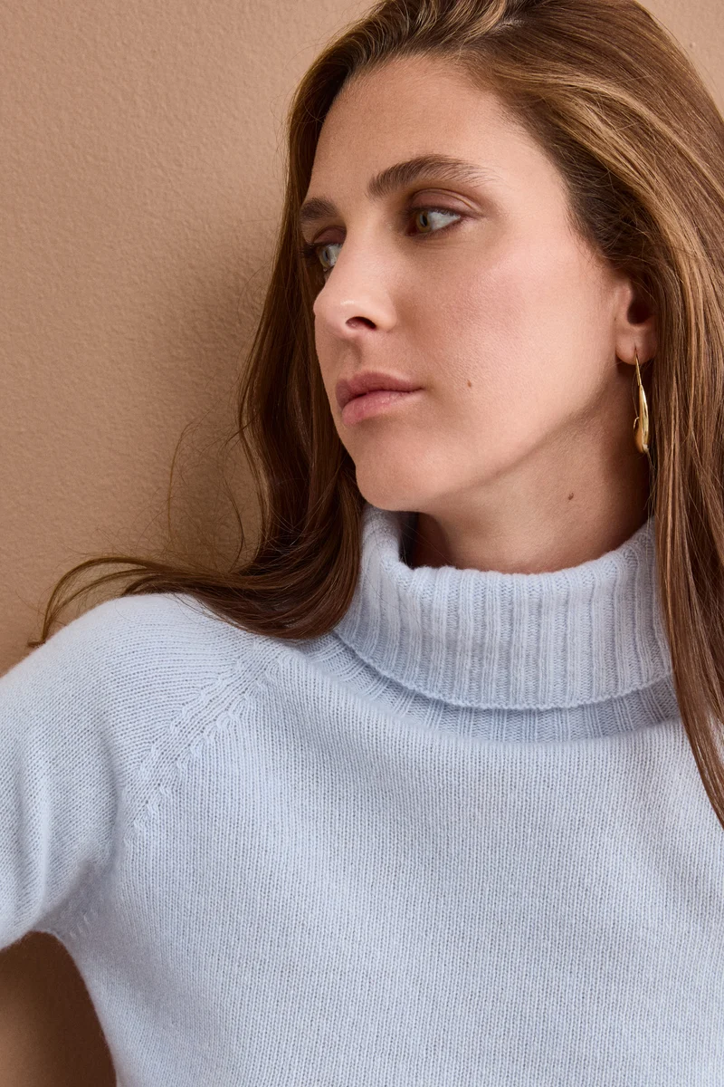 Dolcevita Raglan in Lana e Cashmere con Collo a Coste - AZZURRO