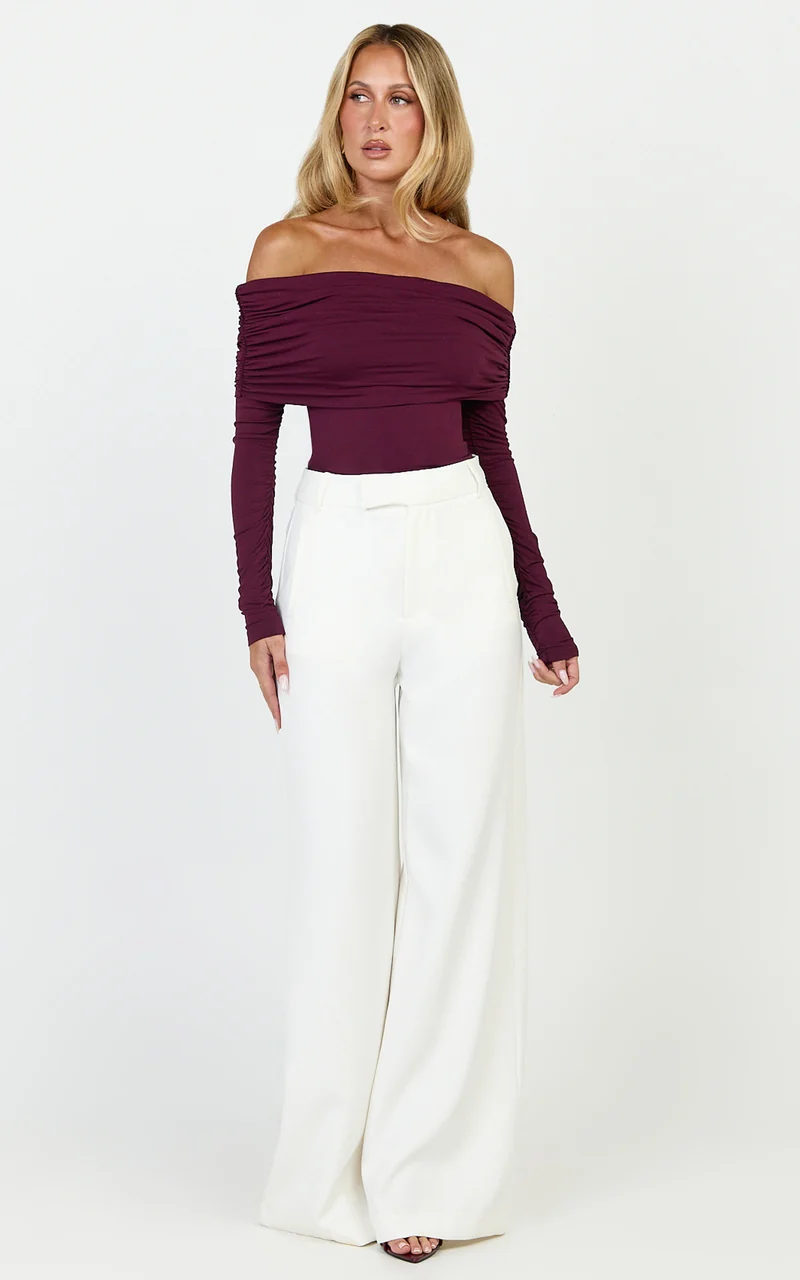 Jolie Top - Off Shoulder Long Sleeve Gathered Top in Wine