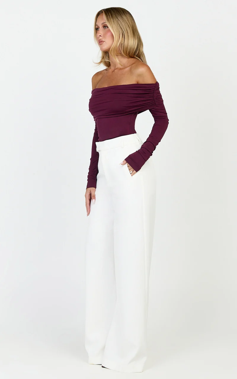 Jolie Top - Off Shoulder Long Sleeve Gathered Top in Wine