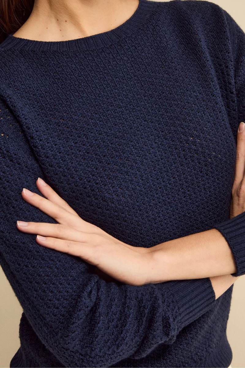 Maglia Girocollo Traforata in Lana Merino - NAVY