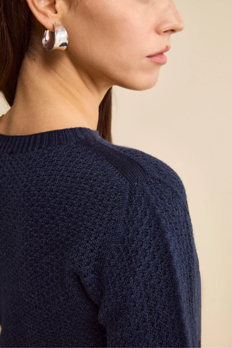 Maglia Girocollo Traforata in Lana Merino - NAVY
