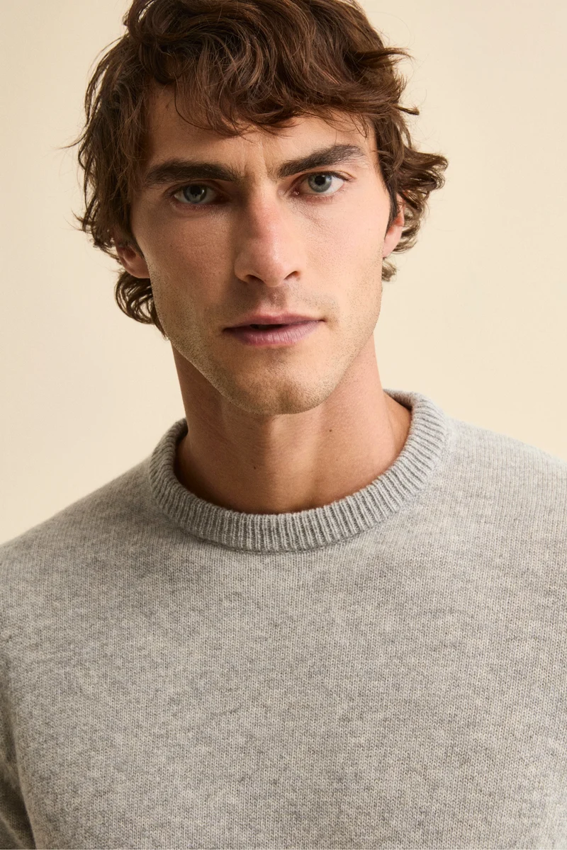 Maglia Girocollo Mouliné in Lana Merino Extrafine - GRIGIO CHIARO